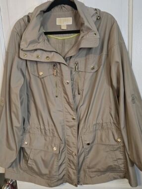 Michael Kors 1X Hooded  Jacket Lightweight Taupe Utility Coat Gold Hardware